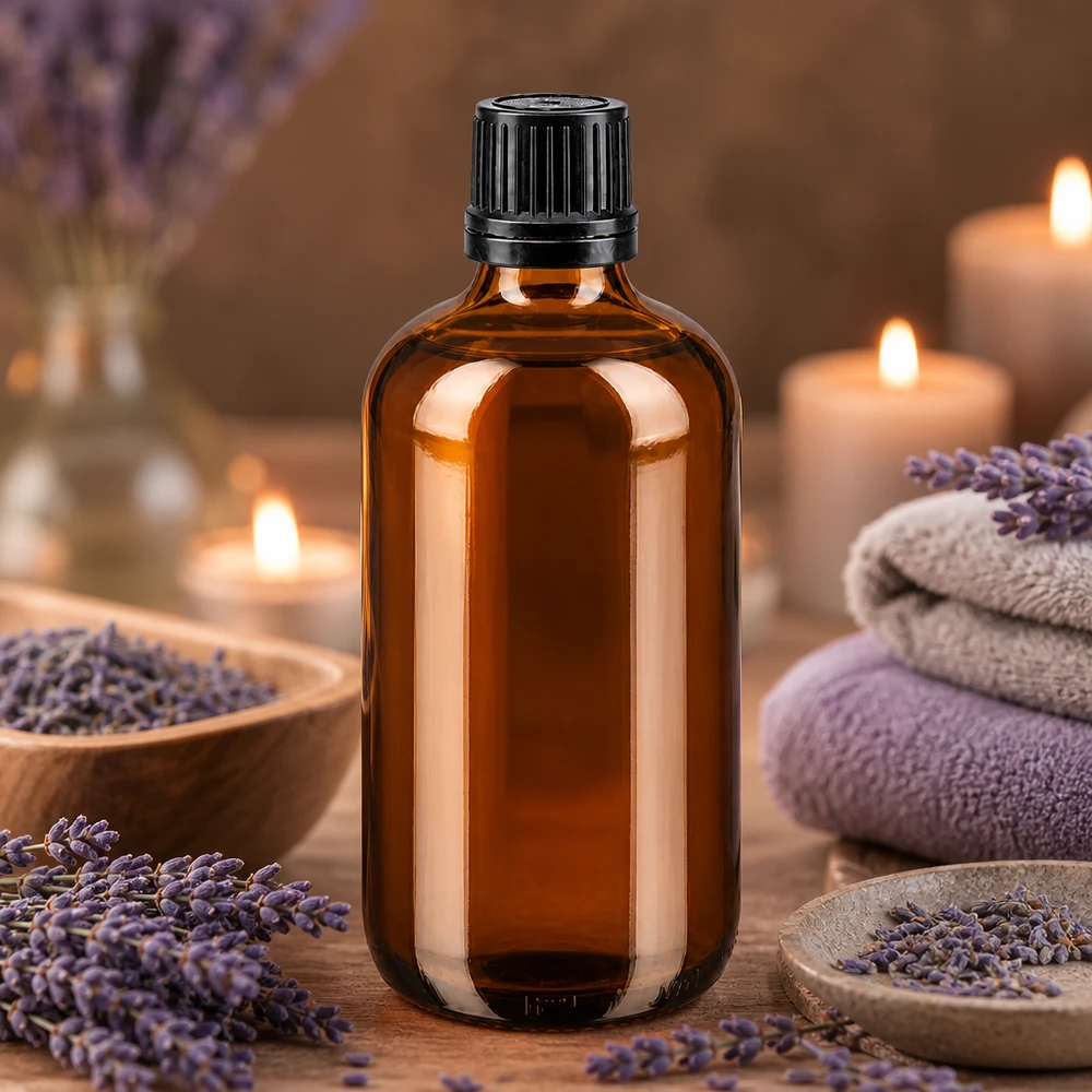 Bernsteinfarbene 100ml Vorratsflasche aus Apothekenglas mit Kindersicherung im Spa-Ambiente