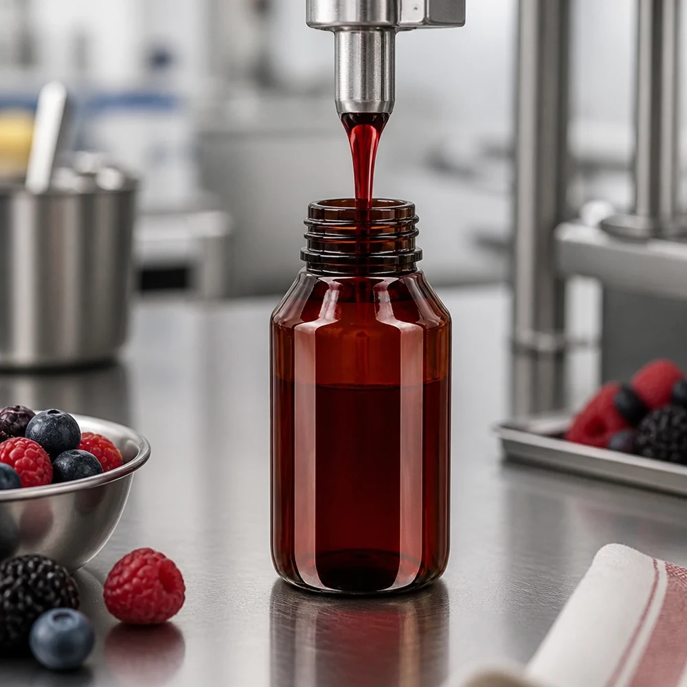 Plnění ovocného extraktu do hnědé 50ml PET láhve se zeleným originálním uzávěrem