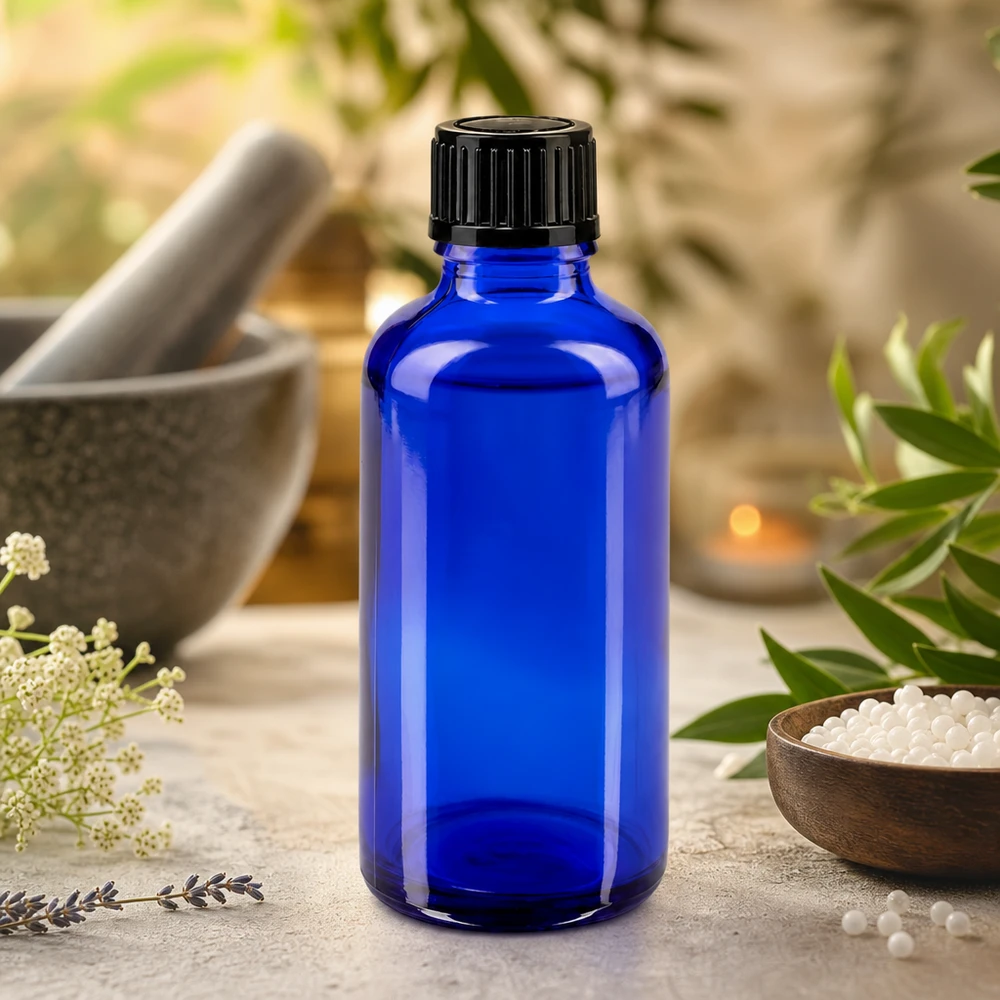 Blaue Tropfflasche 50ml Apothekerglas mit schwarzem Verschluss in naturheilkundlichem Setting