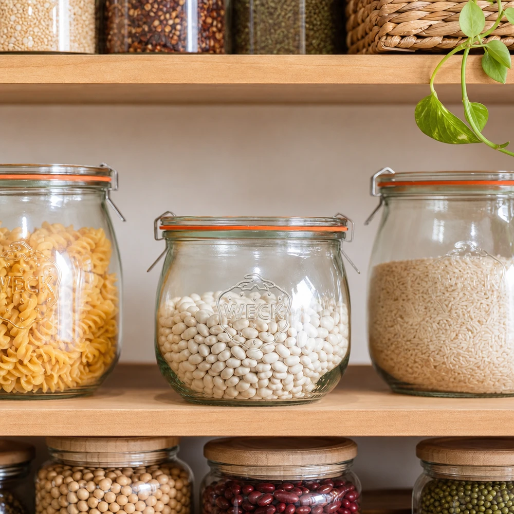 WECK Tulpenglas 370ml RR80 für Pantry-Organisation mit weißen Bohnen zwischen Pasta und Reis in Vorratsregal