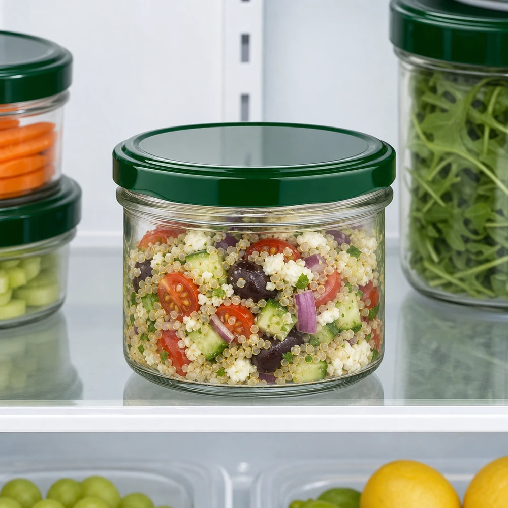 225ml tumblery + víčko BasicSeal zelené UNiTWIST s ovocem. 225ml Sturzglas mit grünem Deckel im Kühlschrank gefüllt mit Quinoa-Salat zeigt praktische Aufbewahrung