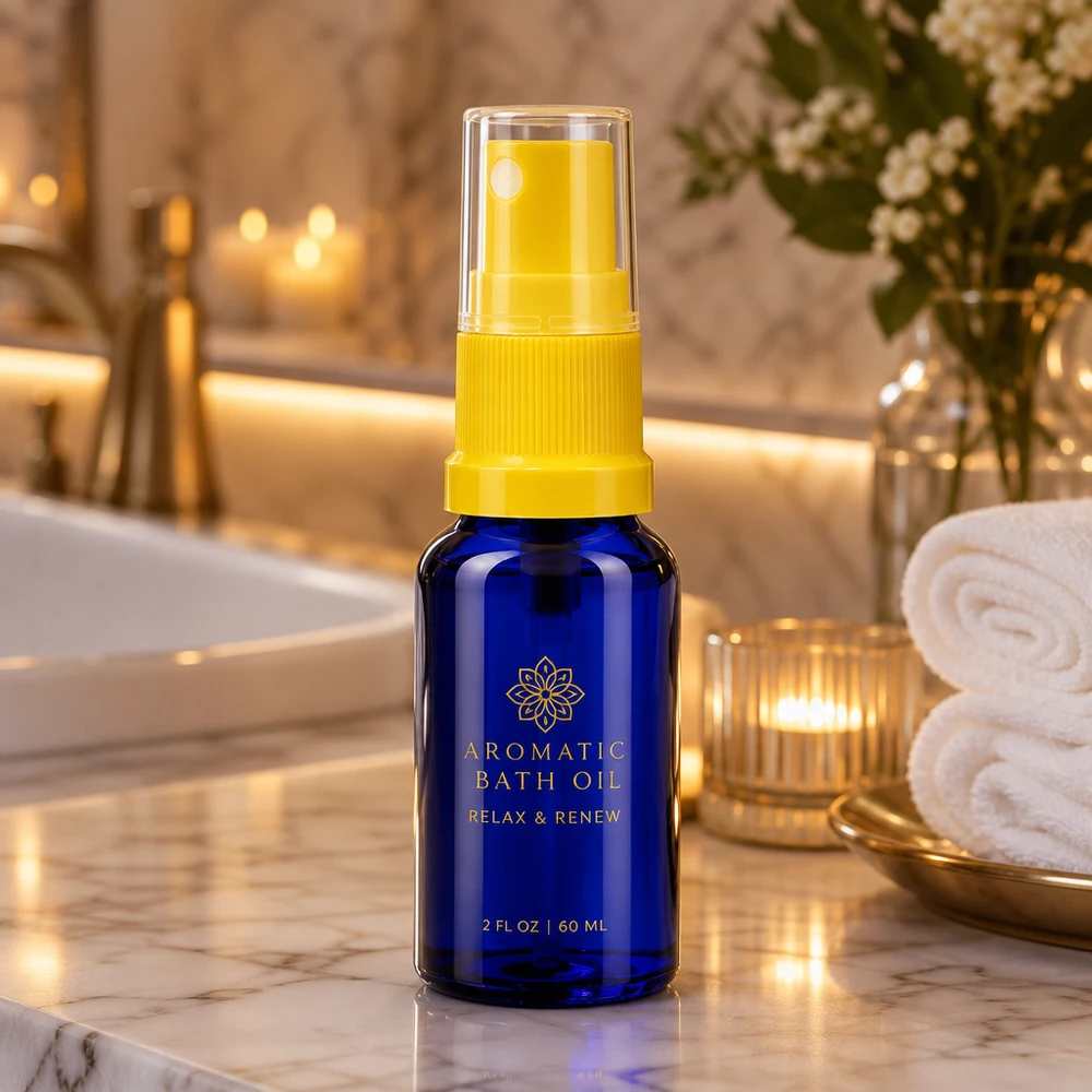 Apothekerglas-Flakon blau 10ml mit präzisem Dosierzerstäuber gelb für Naturkosmetik und Essenzen