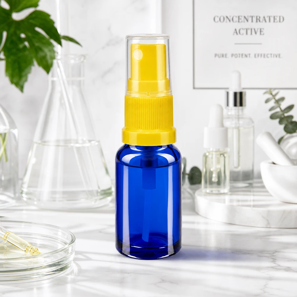 Blaue Zerstäuberflasche 10ml STD Serie mit gelbem Sprühaufsatz und kindersicherer Schutzkappe