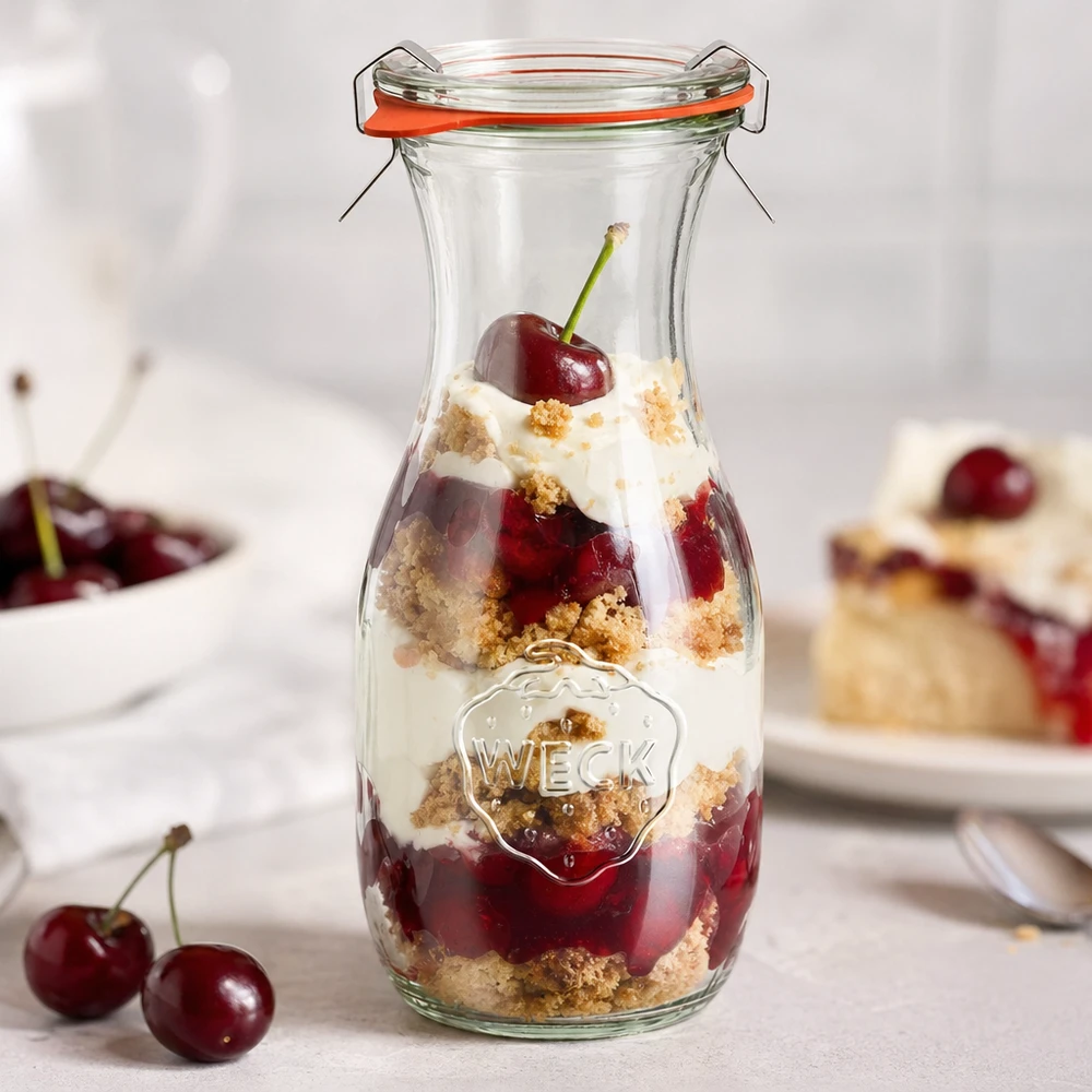 530ml láhev na džus kompletní WECK RR60 WECK 530ml Saftflasche RR60 als Dessertglas mit Kirsch-Schichtdessert und Sahne gefüllt neben frischen Kirschen