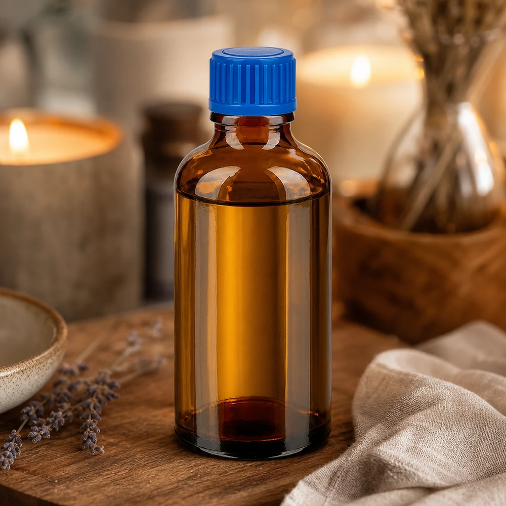 Lichtschutz-Glasflasche 50ml in Apothekerqualität mit robustem blauen Standardverschluss