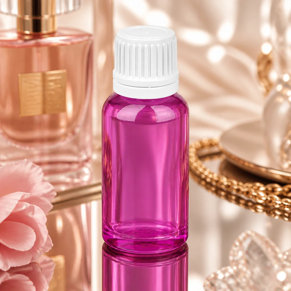 20ml lahvička s kapátkem 0,7mm bílé Originality šroubovací uzávěr PurpleLine UT18/20 PurpleLine Kosmetikflasche 20ml in modernem Violett mit hygienischem weissem Tropfverschluss