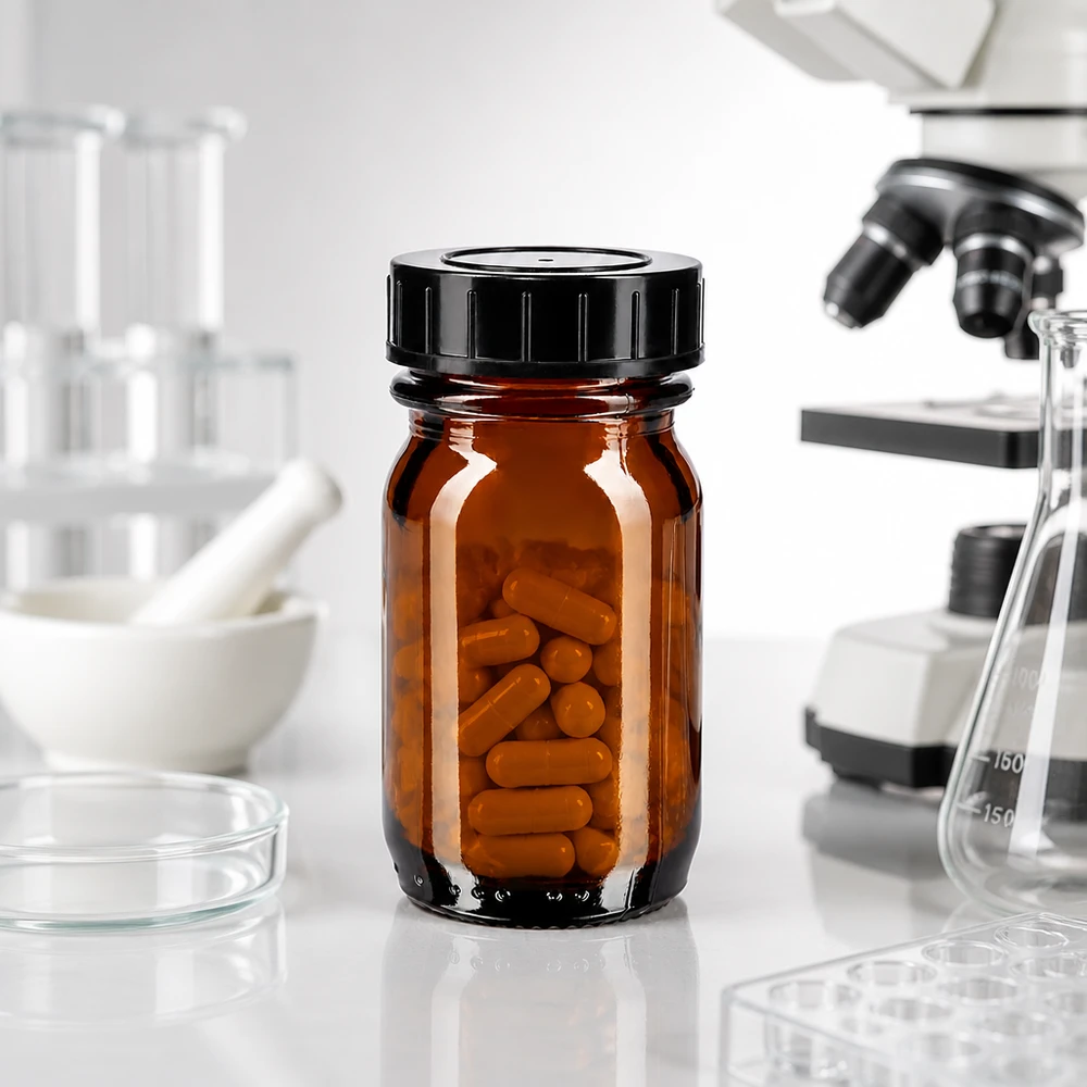 30ml láhev s širokým hrdlem jantarové sklo se šroubovacím uzávěrem Professionelle 30ml Weithalsglasflasche aus UV-resistentem Material fuer Medikamente
