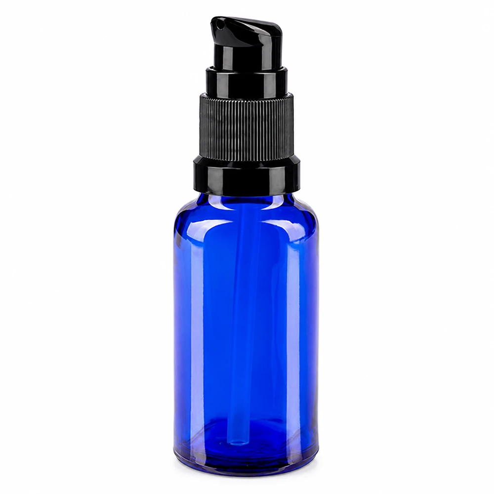 Hochwertige 20ml Apothekerflasche in Blau mit schwarzem Pumpaufsatz und Dip Tube