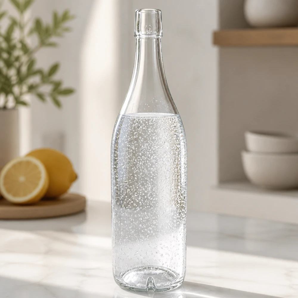 Skleněná láhev o objemu 1000 ml bez otočného víčka UNiTWIST Glasflasche 1000ml UNiTWIST mit Sprudelwasser gefüllt Küchencounter Zitronen moderne Kücheneinrichtung hell