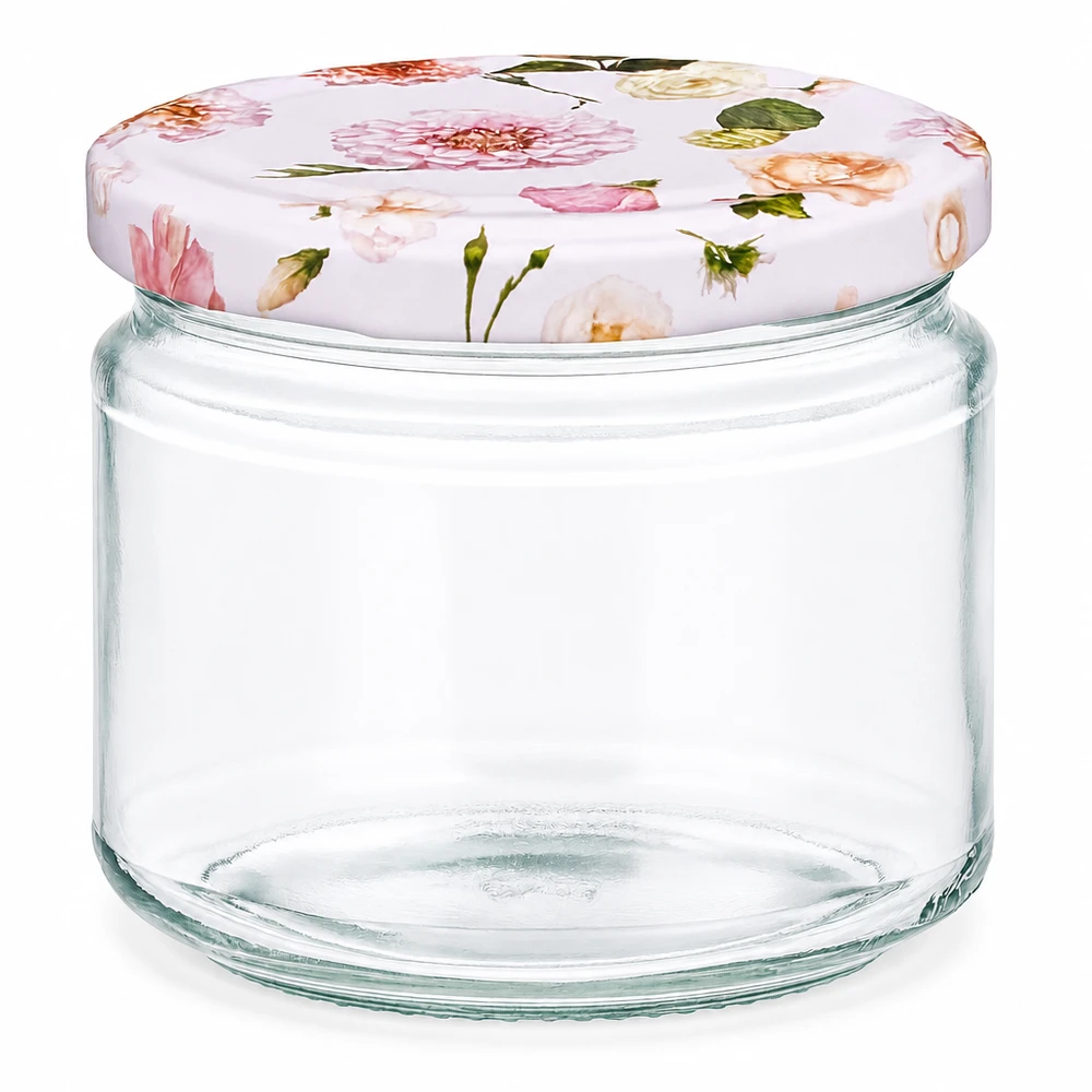 330ml kulatá sklenice + víčko BasicSeal flower pink UNiTWIST 330ml Rundglas mit rosa Blumen Deckel BasicSeal Verschluss Einmachglas Vorratsglas transparent