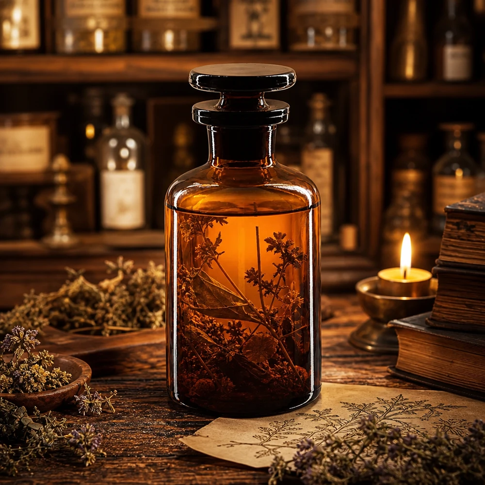 Láhev s kulatým ramenem 50ml hnědá skleněná zátka s úzkým hrdlem Historische Apothekerflasche 50ml braunes Glas Enghals Glasstopfen für Kräutermedizin
