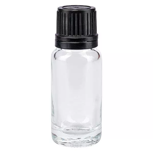 Lékárenská lahvička čirá 10ml šroubovací uzávěr černý nalévací kroužek tamper evident uzávěr Lékárenská lahvička čirá 10ml šroubovací uzávěr černý nalévací kroužek tamper evident uzávěr