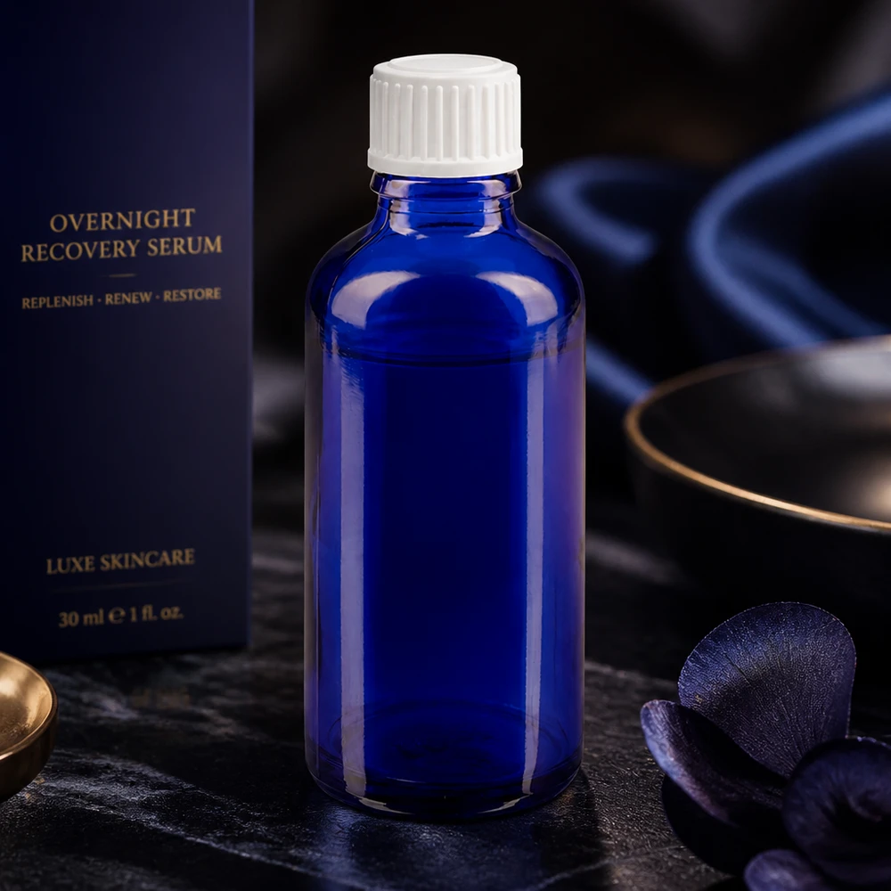 Pharmazeutische blaue Tropfflasche 50ml ApoGlas mit kindersicherem weißem Verschluss STD-Norm