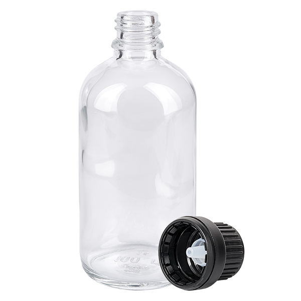 100ml lahvička s kapátkem 2mm černá tamper-evidentní uzávěr ClearLine UT18/100 100ml Dosierungsflasche Klarglas schwarzer Verschluss mit weißem Tropfeinsatz 2mm