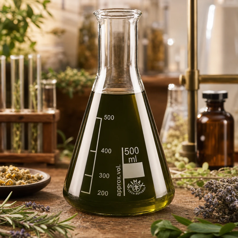 Erlenmeyerova baňka 500 ml s úzkým hrdlem Konischer Laborkolben 500ml mit Skalierung für Kräuterextrakte und phytochemische Analysen