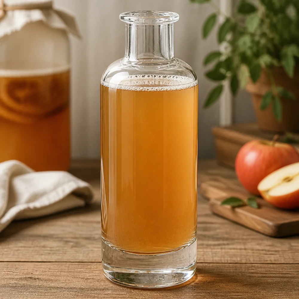 200ml Glasflasche "Ella" ohne Verschluss UNiTWIST 200ml Glasflasche Ella mit Apfelsaft befüllt in Küche zeigt vielseitige Nutzung für Säfte und Getränke