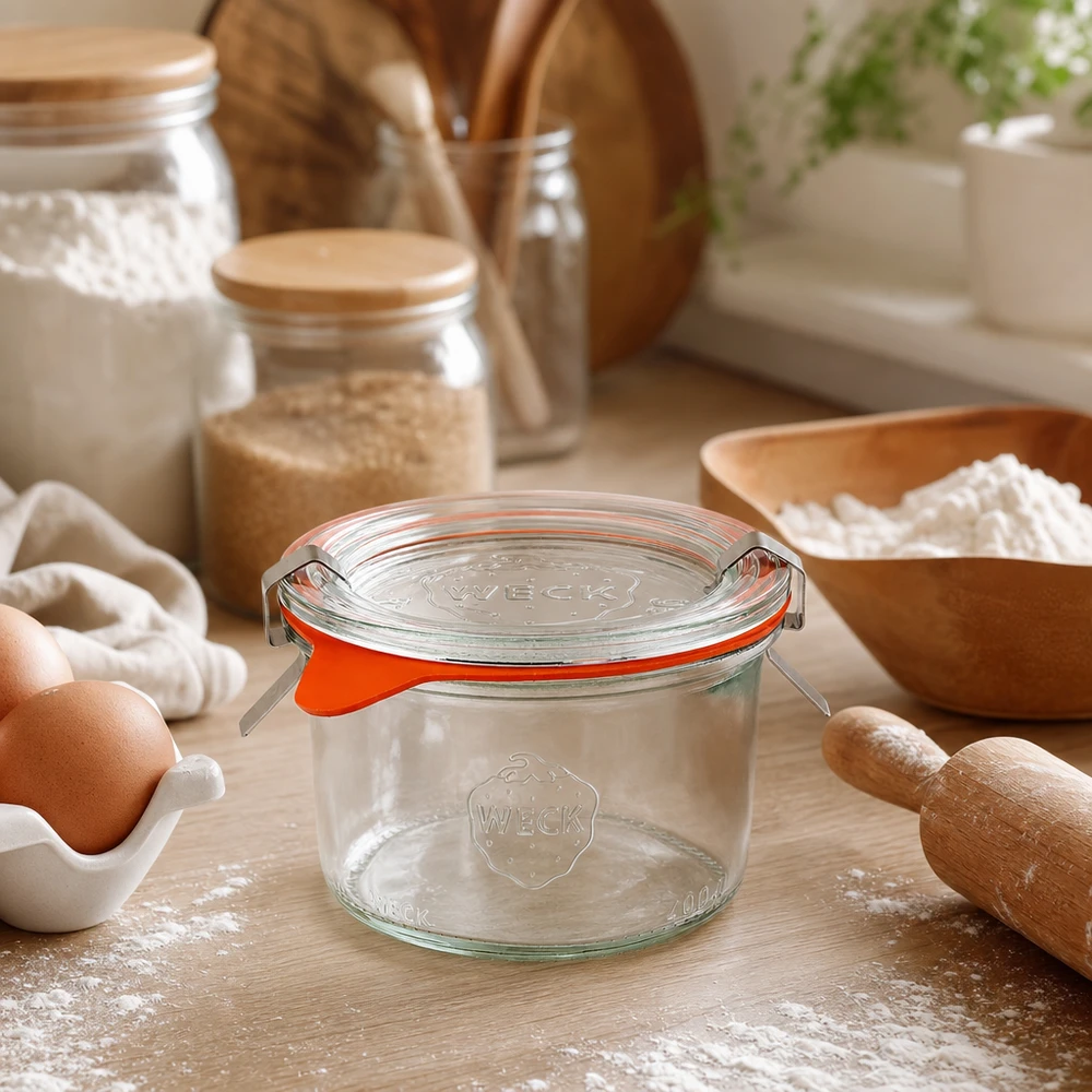 WECK Sturzglas 200ml RR80 in Küchenszene mit Backzutaten Mehl Eier und Holzutensilien zum Backen und Kochen
