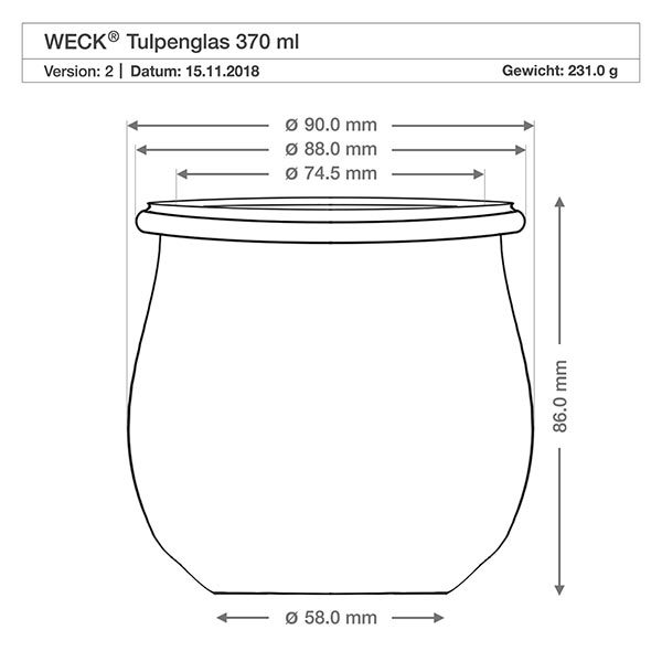 Sada 48 zavařovacích sklenic Weck 370ml tulipánová sklenice se 48 skleněnými víčky. Technische Zeichnung WECK Tulpenglas RR80 370ml mit Maßangaben und Produktspezifikationen, Gewicht 231g