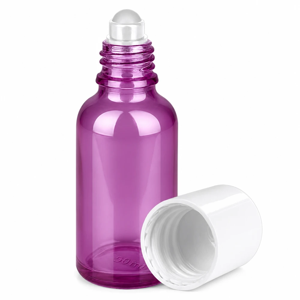 30ml lahvička s globulí bílá standardní PurpleLine UT18/30 30ml Roll-On Flasche aus lila getöntem Glas mit weißem Gewinde für nachfüllbare Nutzung