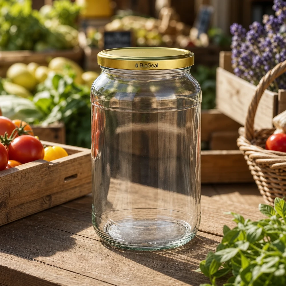 Kulatá nádoba o objemu 1062 ml se zlatým víčkem UNiTWIST BioSeal. UNiTWIST Runda1062 Glasdose leer Marktstand frisches Gemüse TO82 BioSeal Golddeckel Bauernmarkt Ambiente