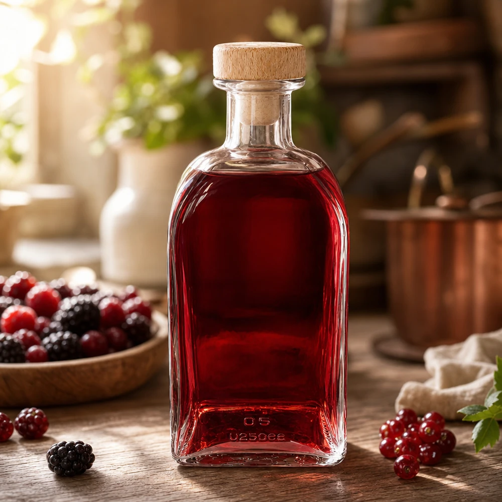 500ml Glasflasche Julia mit Holzkorken gefüllt mit rotem Beerenlikör auf Holztisch mit Brombeeren und Johannisbeeren