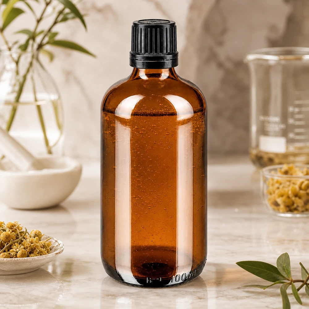 Lékárenská láhev hnědá 100ml šroubovací uzávěr černý nalévací kroužek nedovolená manipulace s uzávěrem. 100ml Braunglasflasche für ätherische Öle mit Becherglas und getrockneten Kräutern im Hintergrund