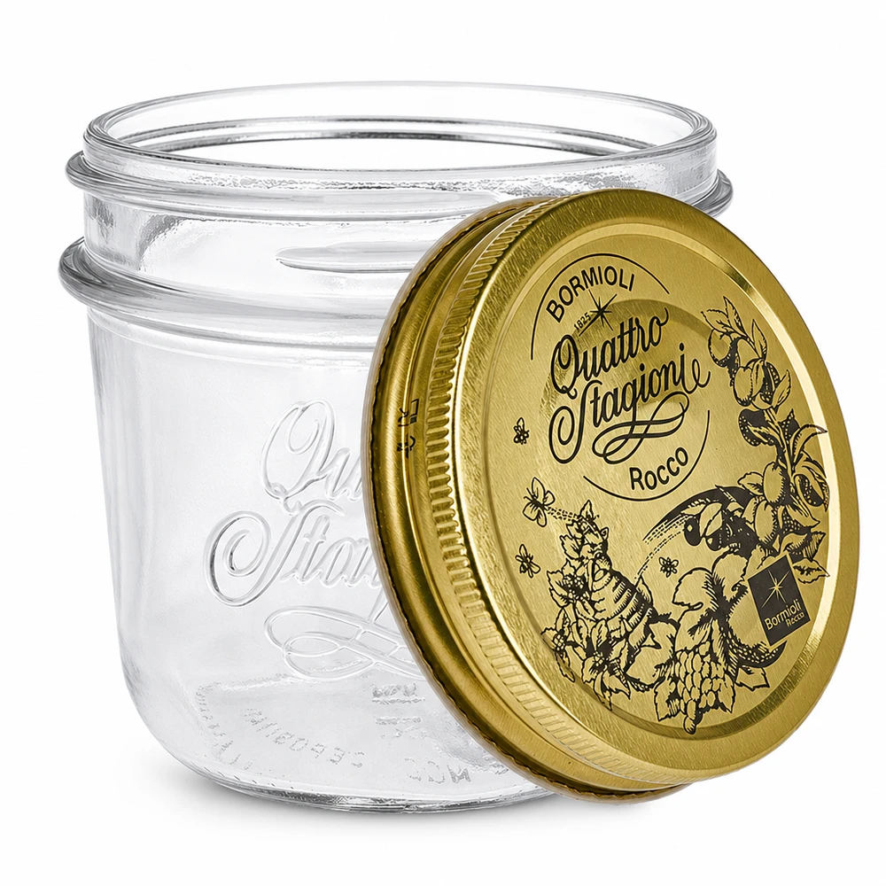 200ml kelímky "Quattro Stagioni" s víčkem 200ml Sturzglas Quattro Stagioni mit goldenem Deckel Einmachglas Bormioli Rocco transparent leer