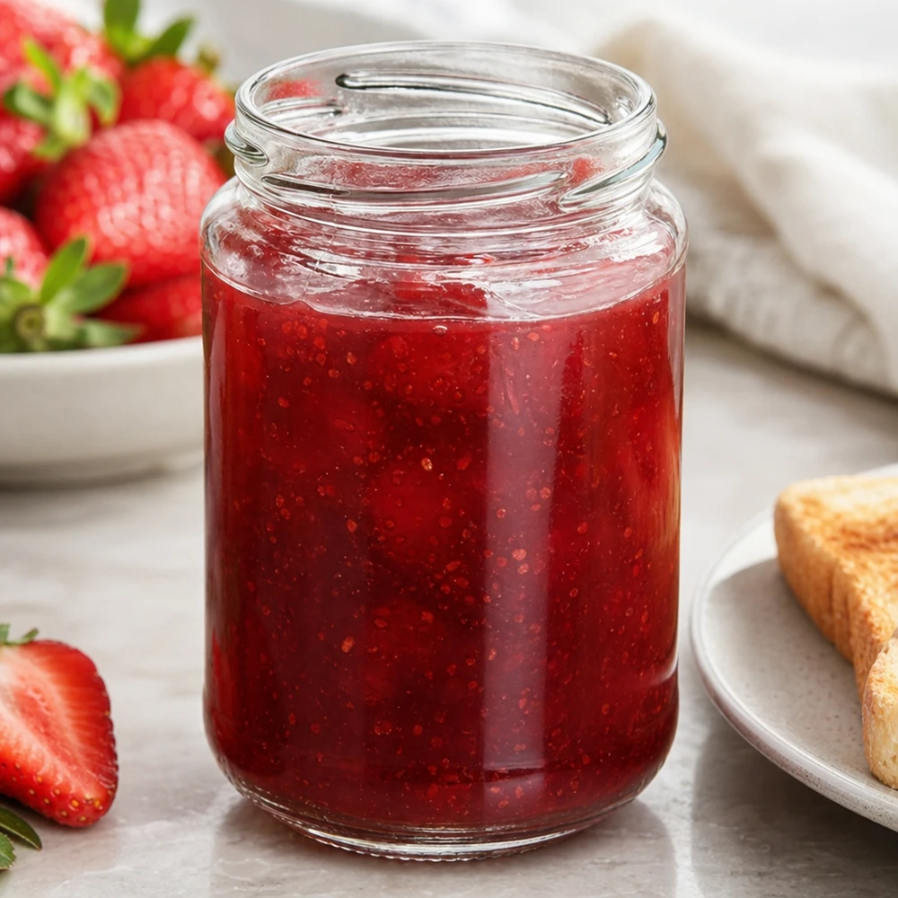 Kulatá sklenice o objemu 390 ml bez víčka (TO70) UNiTWIST UNiTWIST Runda390 Rundglas 390ml TO70 mit roter Erdbeermarmelade gefüllt neben frischen Erdbeeren und Toast