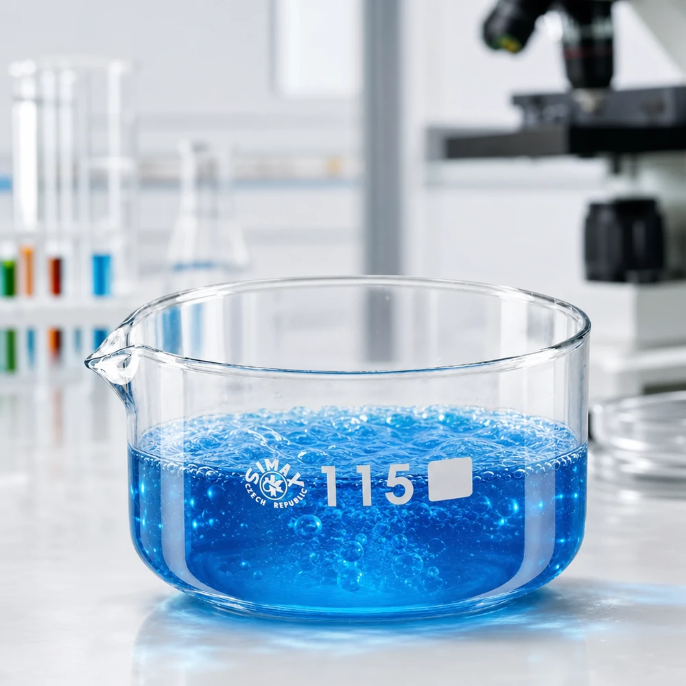 500ml krystalizační miska s výlevkou borosilikátová ø115mm Transparente Kristallisierschale ø115mm mit blauer Flüssigkeit und Blasenbildung 500ml Glasware