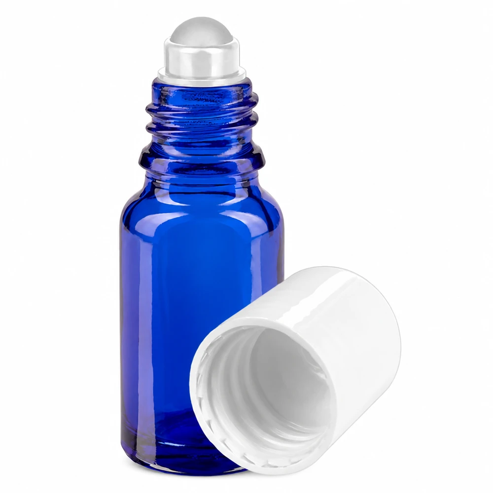 Lékárenská lahvička modrá 10ml roll-on uzávěr bílý Blaues Roll-On Fläschchen 10ml mit weißem Schraubverschluss und Applikatorkugel aus Glas