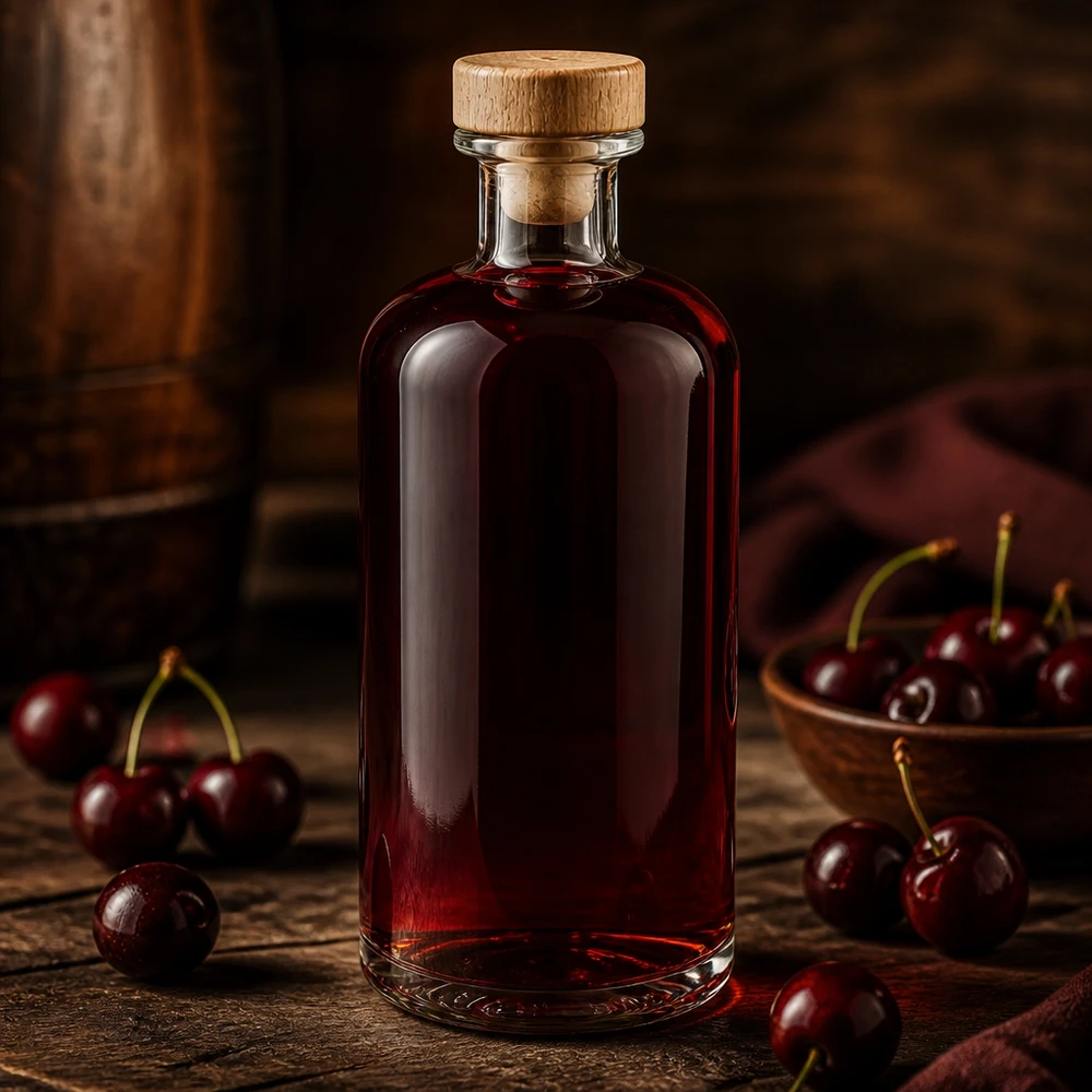 Glasflasche Flora 500ml mit Holzkorken gefüllt mit Kirschlikör zwischen frischen Kirschen auf rustikalem Holztisch