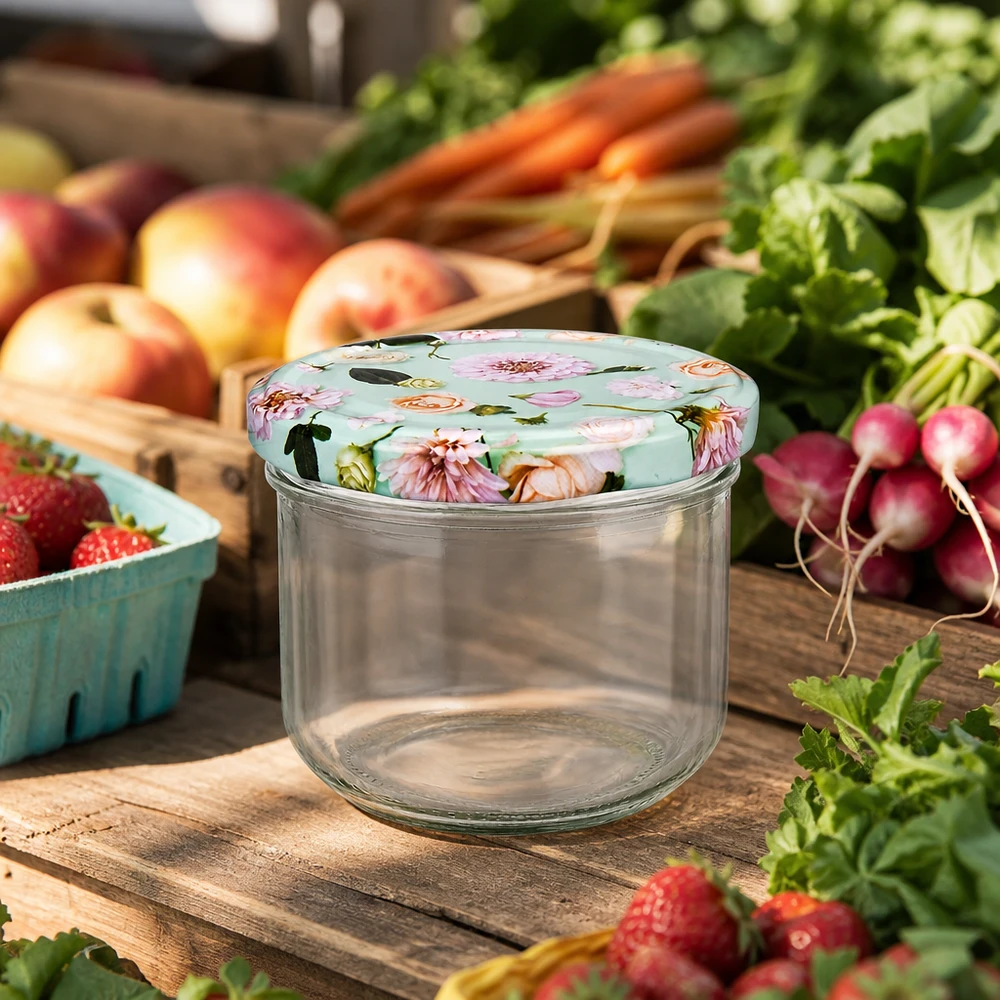 260ml Sturzglas BasicSeal Blumendeckel mint auf Holztisch umgeben von frischem Gemüse Obst und Kräutern