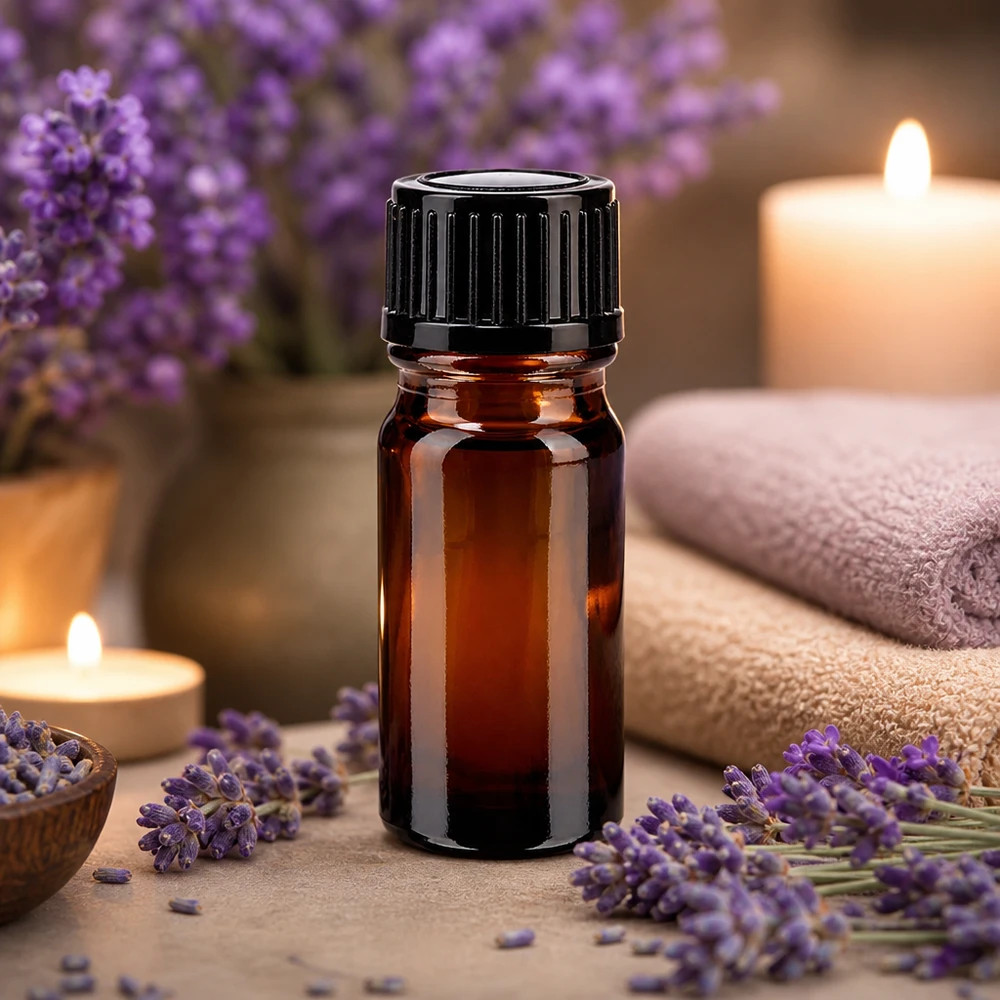 Braunglas Fläschchen 5ml mit geripptem schwarzen Verschluss für Lavendelöl und Essenzen