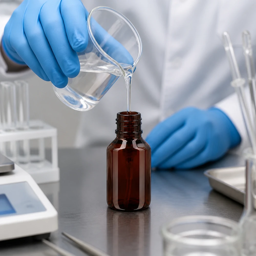 Laborant v modré rukavici plní jantarovou 50ml PET láhev čirou kapalinou