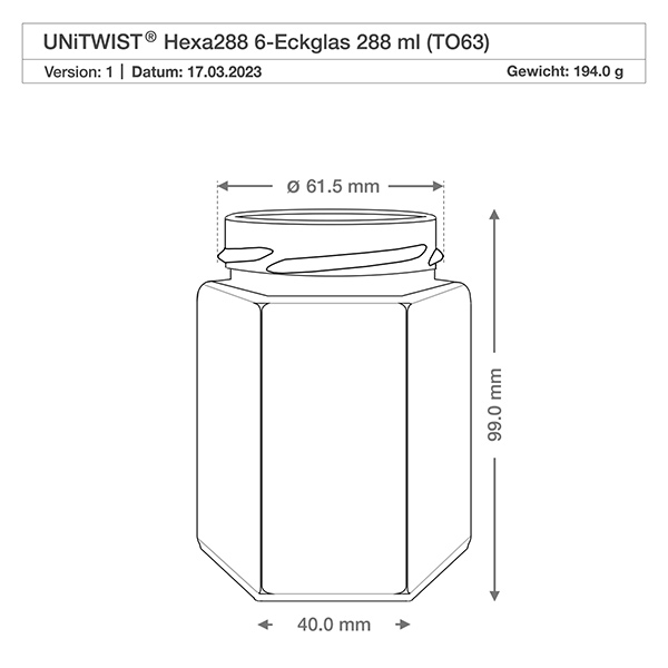 Šestihranná sklenice o objemu 288 ml bez víčka (TO63) UNiTWIST UNiTWIST Hexa288 6-Eckglas 288ml TO63 Technische Zeichnung mit Maßen Durchmesser 61,5mm Höhe 99mm Gewicht 194g