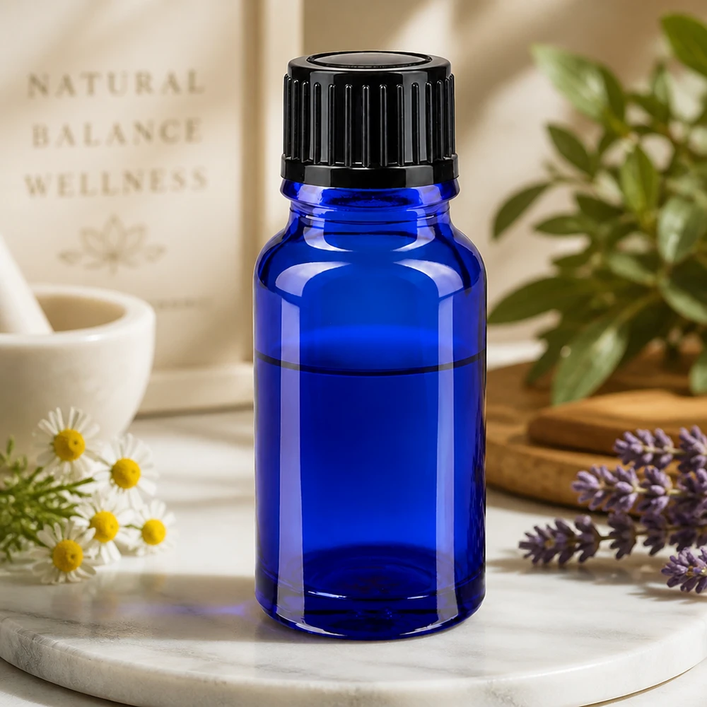 Lékárenská láhev modrá 10ml šroubovací uzávěr černý standardní Nachfüllbare blaue Glasflasche 10ml Standard 11mm für Aromatherapie und Wellness