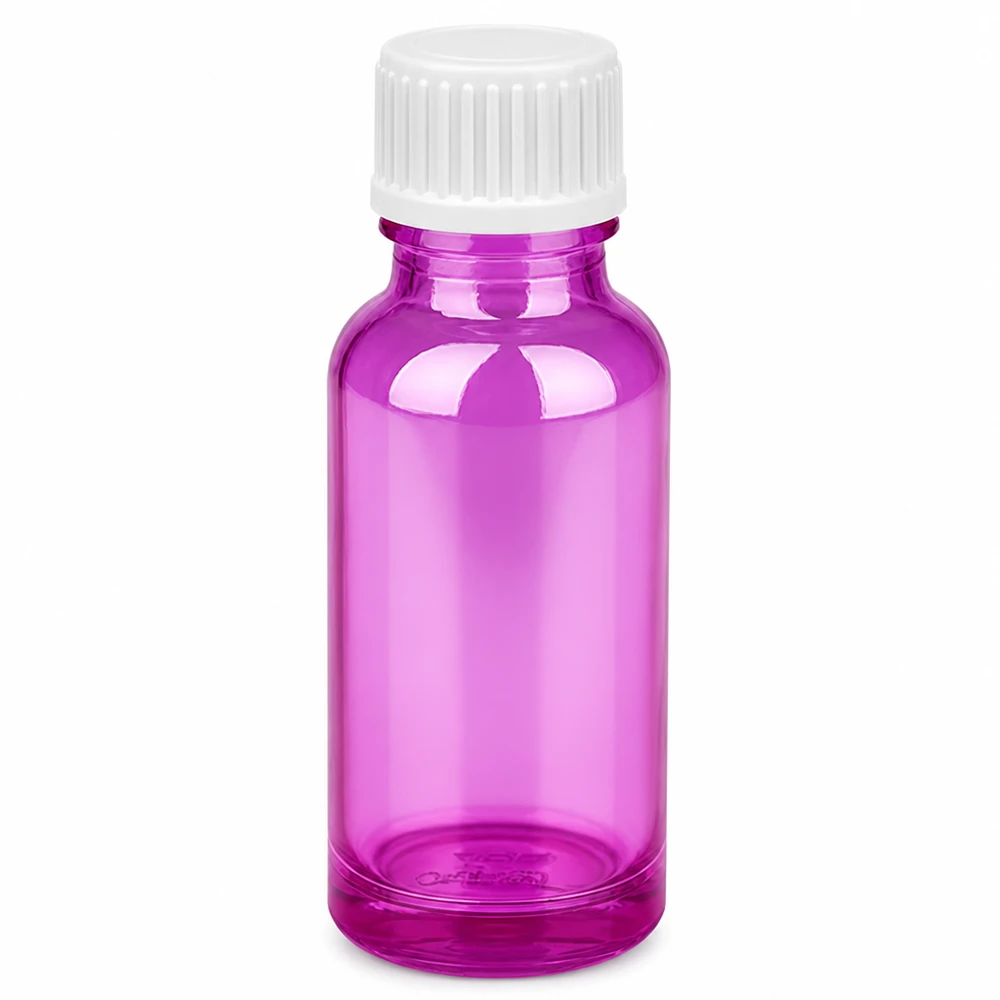 Kompakte 20ml Tropfflasche in Violett mit UT18/20 Gewinde und weißem Tropfverschluss