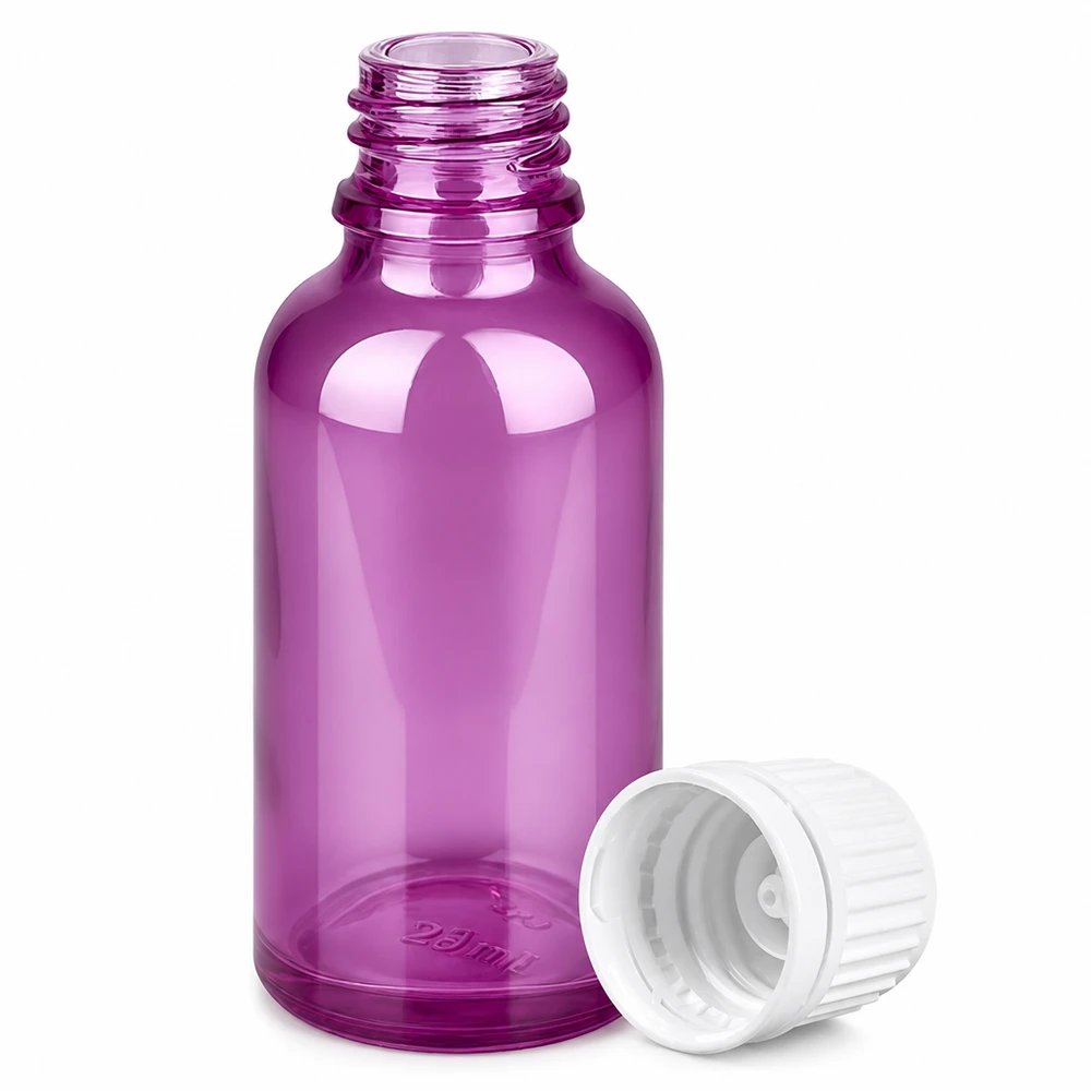 30ml láhev s 11mm šroubovacím uzávěrem bílá Originality šroubovací uzávěr PurpleLine UT18/30 Professionelle 30ml Violettglas-Flasche für pharmazeutische Anwendungen und Laborgebrauch
