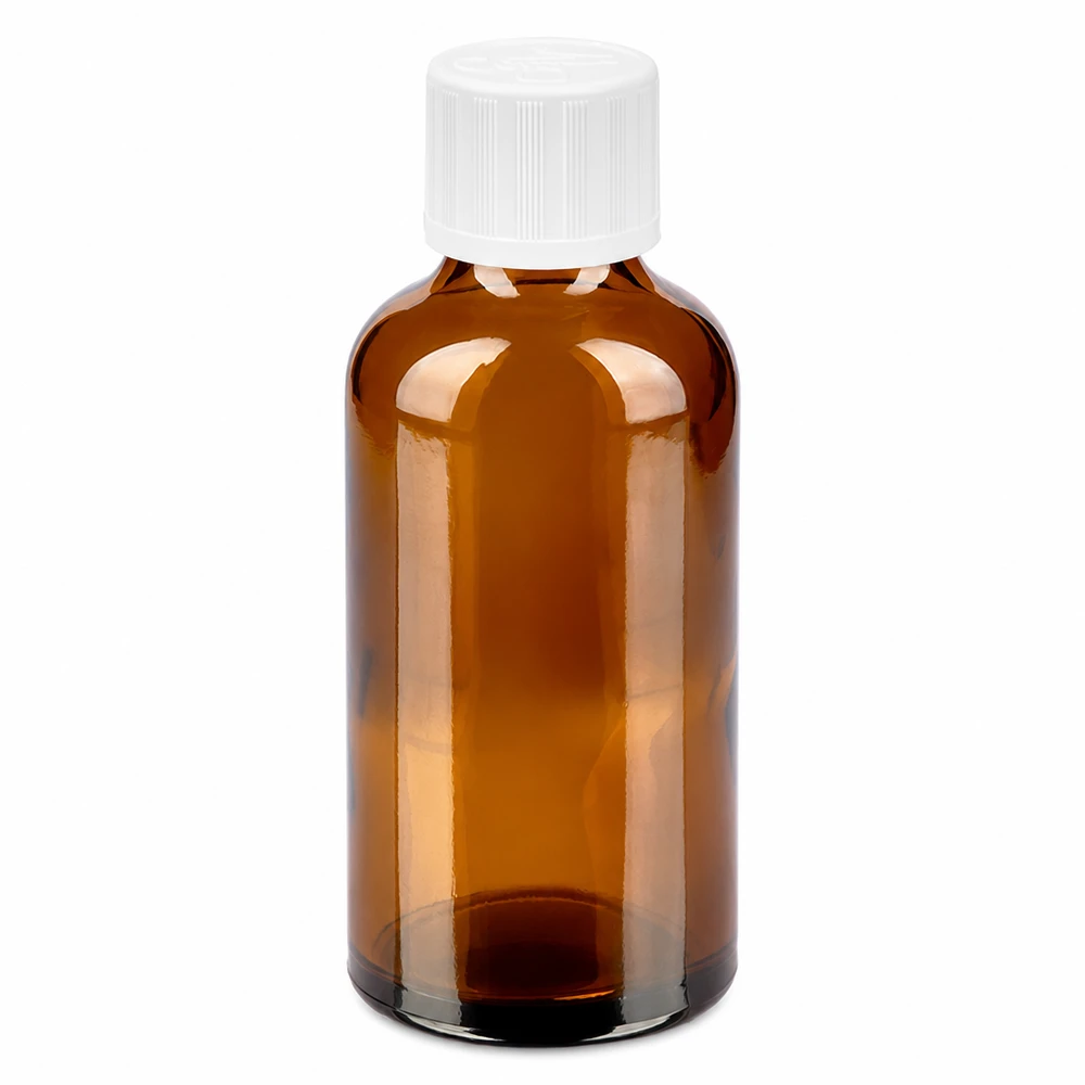 50ml láhev 11mm šroubovací uzávěr bílý standardní odolný proti otevření dětmi BrownLine UT18/50 Kompakte 50ml Flasche aus braunem Glas mit kindersicherem Schraubdeckel für Tropfen