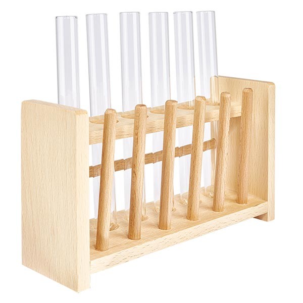 Dřevěný stojan na zkumavky se 6 zkumavkami a sodným vápnem 160x16 Dřevěný stojan na zkumavky se 6 zkumavkami a sodným vápnem 160x16