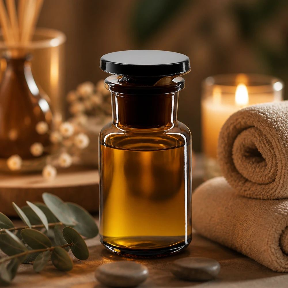 Láhev s kulatým ramenem 50ml hnědá skleněná zátka se širokým hrdlem Kleine Braunglas-Rundschulterflasche 50ml mit Weithals für Massage- und Pflegeöle