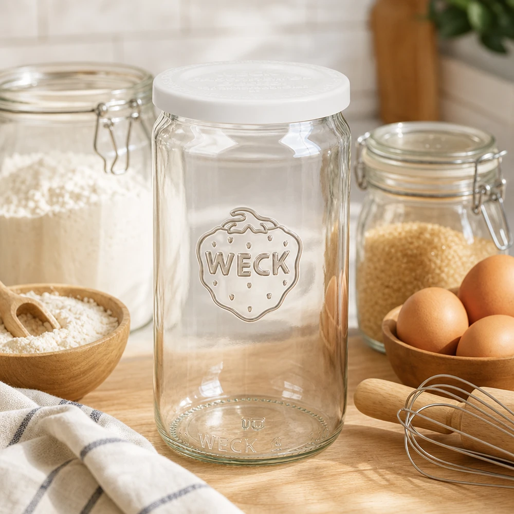WECK 340ml Zylinderglas leer mit weißem RR60 Deckel in Backküche mit Eiern Mehl und Küchenutensilien aus Holz