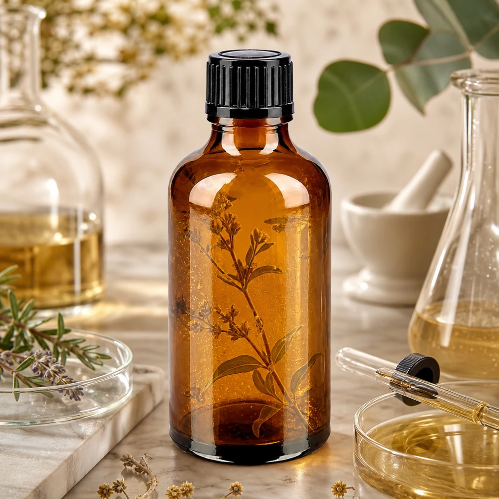 Dunkle 50ml Glasflasche mit gerilltem Schraubverschluss für UV-sensitive Pflanzenauszüge