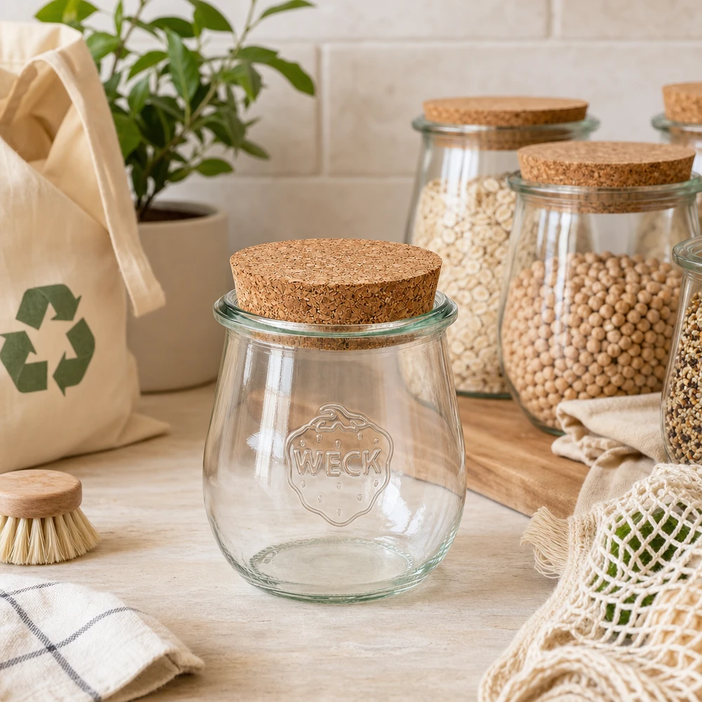 220ml tulipánová sklenice WECK RR60 s korkem přírodní WECK Tulpenglas RR60 220ml leer mit Korkverschluss in nachhaltiger Zero-Waste Küche neben Vorratsgläsern mit Hülsenfrüch