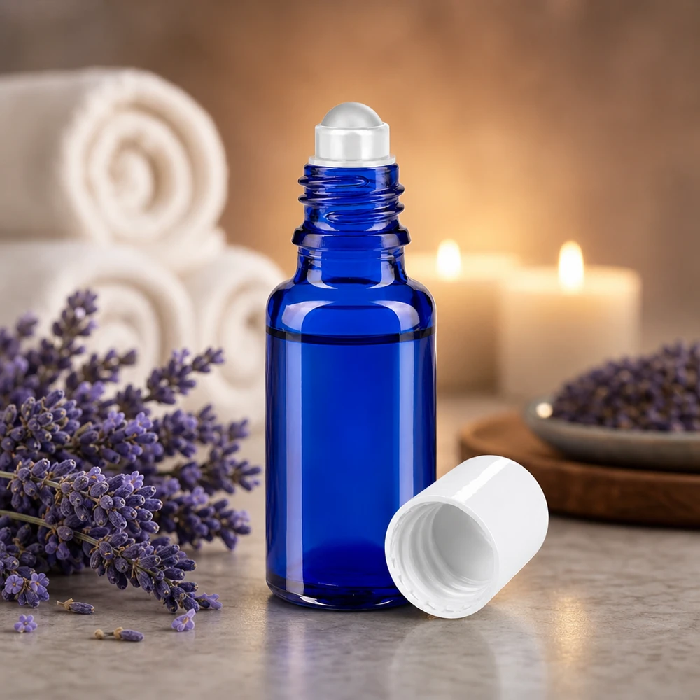 Lékárenská lahvička modrá 20ml roll-on uzávěr bílý 20ml UV-Schutzglas Roll-On Flasche kobaltblau für ätherische Öle und Essenzen