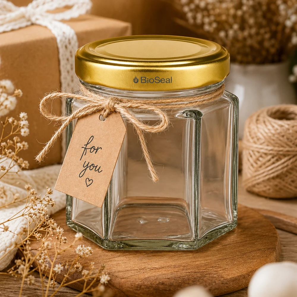 60g Honigglas BioSeal leer mit Geschenkanhänger für you in rustikaler Deko-Szene mit Juteschnur und Trockenblumen