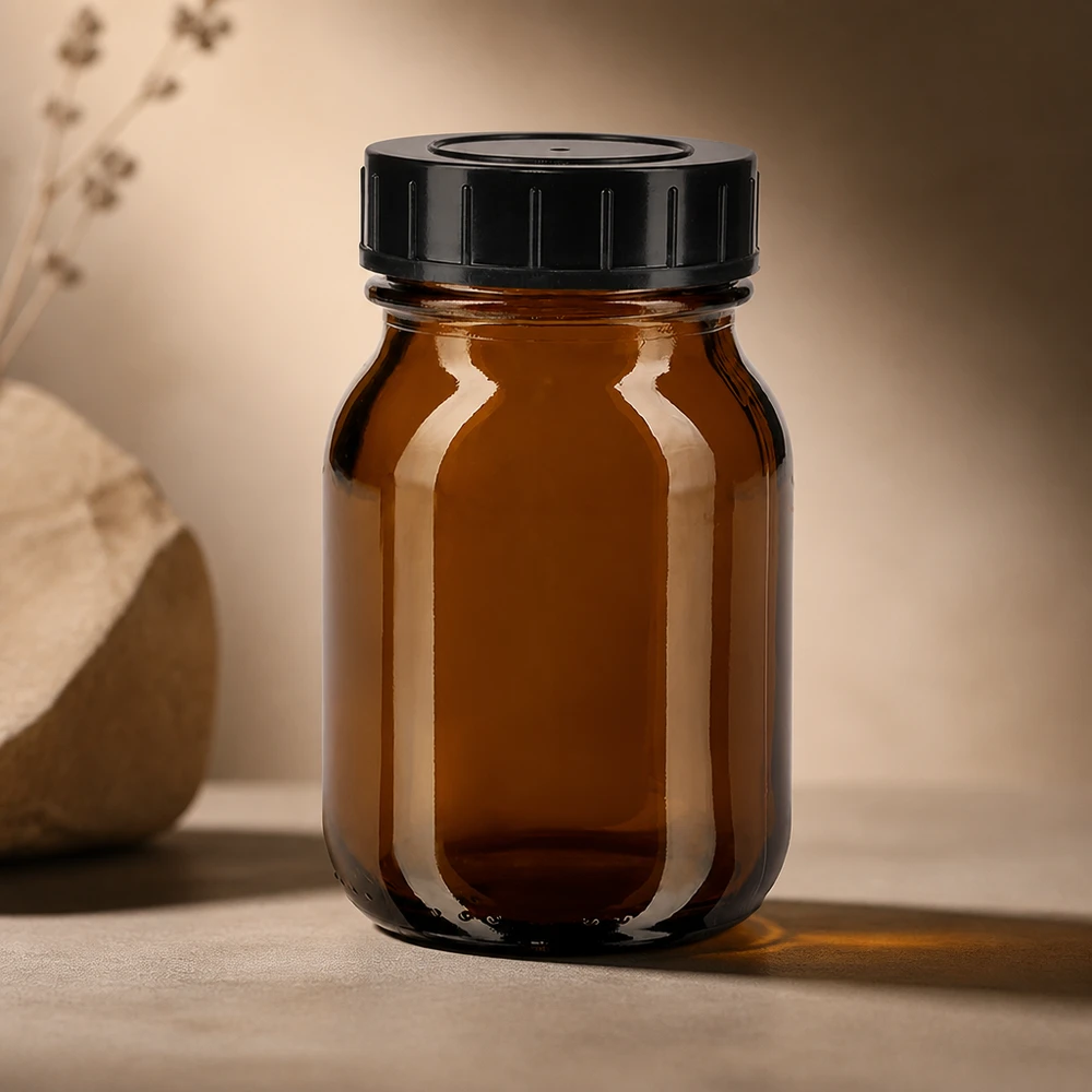 75ml láhev se širokým hrdlem z jantarového skla se šroubovacím uzávěrem. Vielseitige 75ml Apothekerflasche mit breiter Öffnung für Pulver Kapseln und Tabletten