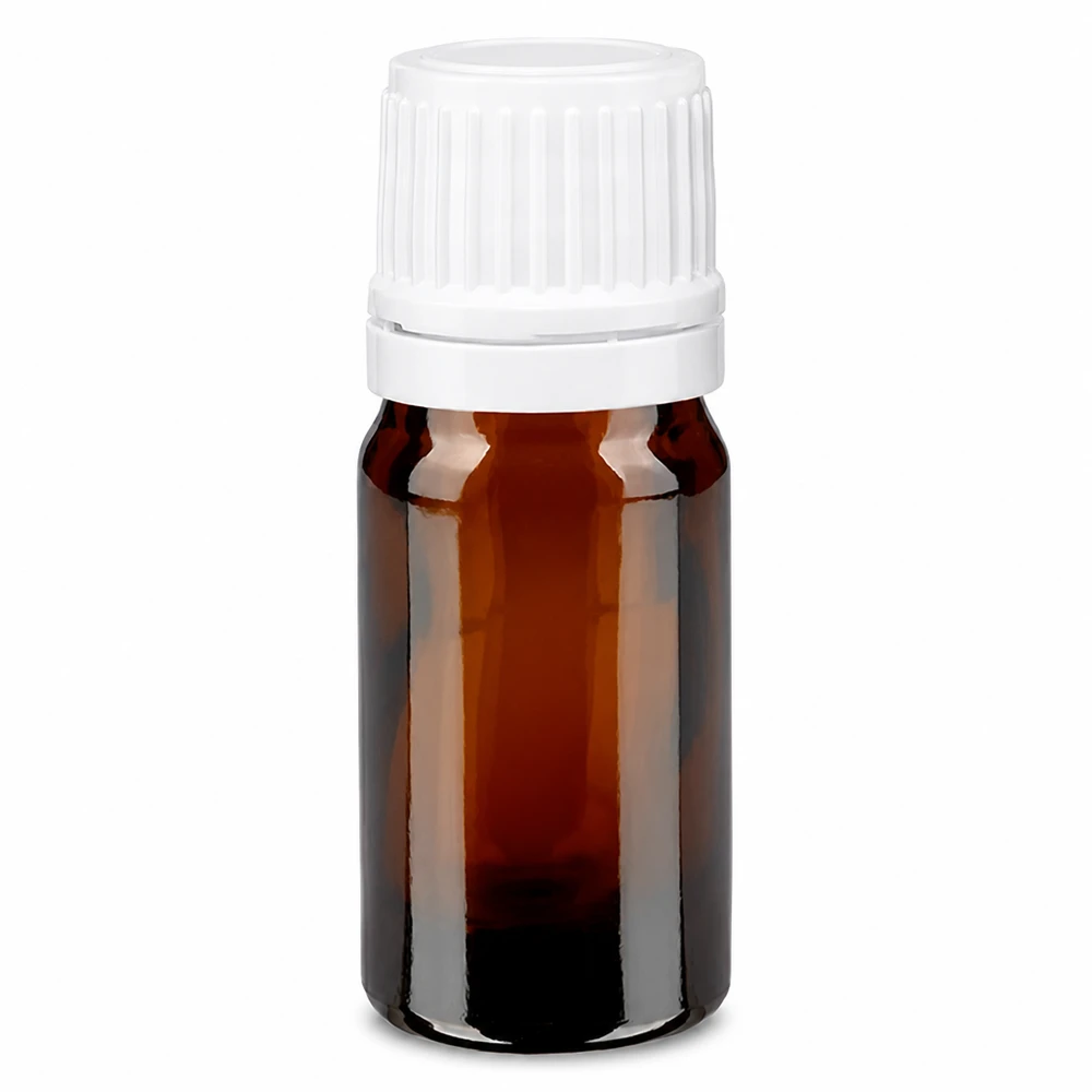 Lékárenská láhev hnědá 5ml se šroubovacím uzávěrem bílá s ochranným uzávěrem proti manipulaci. Braune 5ml Tropfflasche Apothekenglas mit weißem Schraubdeckel OV Verschluss