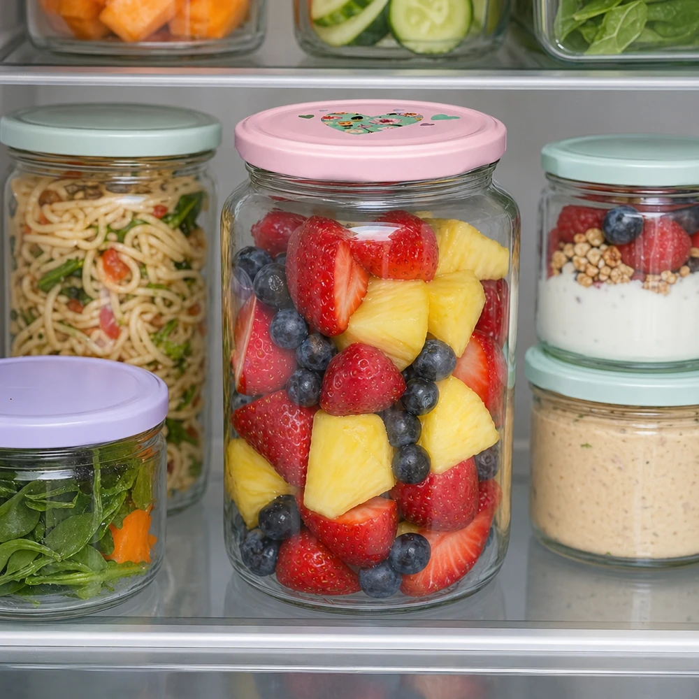 795ml kulatá sklenice + víčko BasicSeal srdíčková růžová UNiTWIST Rundglas 795ml mit rosa Herzdeckel gefüllt mit Obstsalat im Kühlschrank neben anderen Vorratsgläsern mit Salat und Nudel
