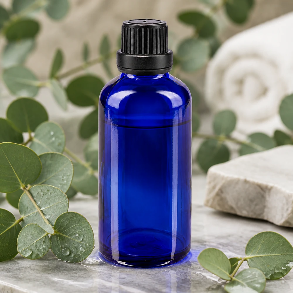 50ml Apothekerfl. blau mit schwarzem OV Verschluss ideal für Naturkosmetik und Aromatherapie